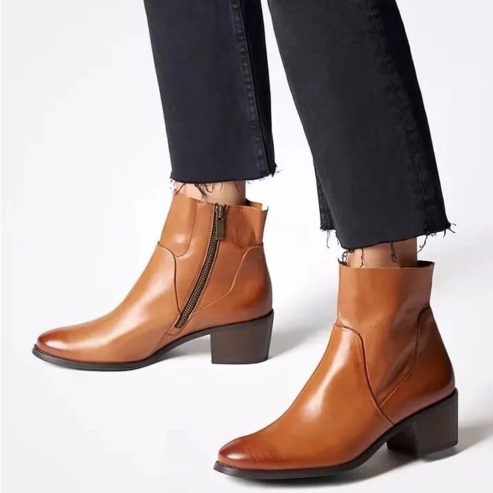 Paul Green Suzette Bootie Cognac Leather Block Heel Ankle Boots Women's Size 5.5